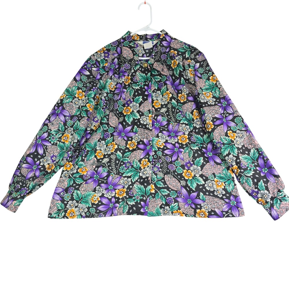 Vintage 80s Cape Cod Floral Blouse Women 20W Black Purple Button Up Granny 90s